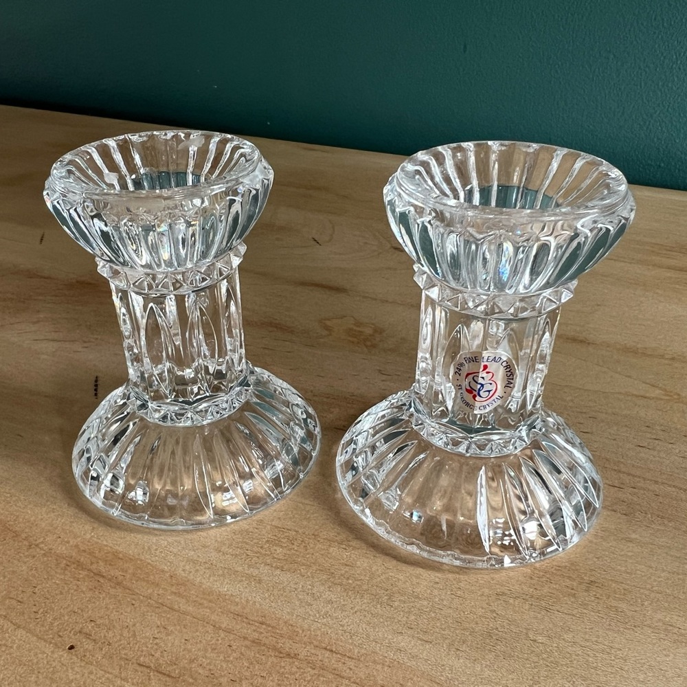Vintage St George Crystal Glass Candle Holders X2